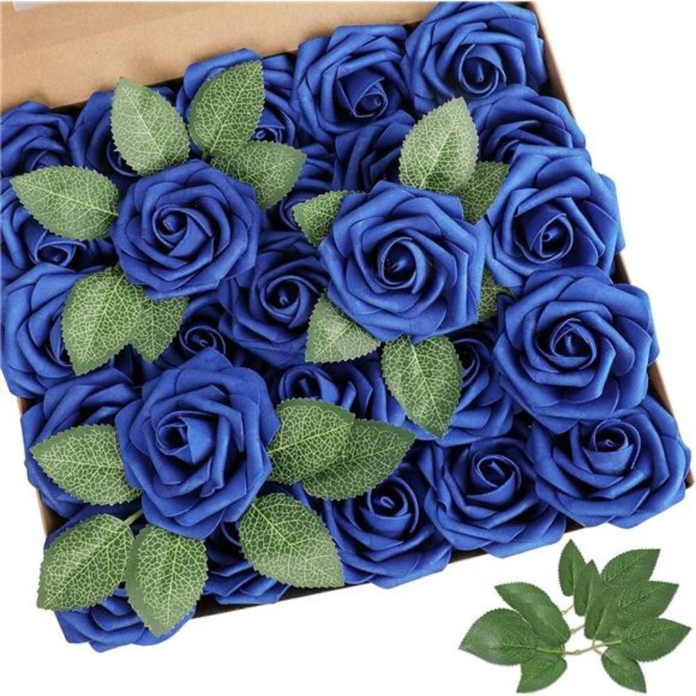 Artificial Flower Royal Blue Rose 25pcs Real Looking Fake Roses w/Stem for DIY